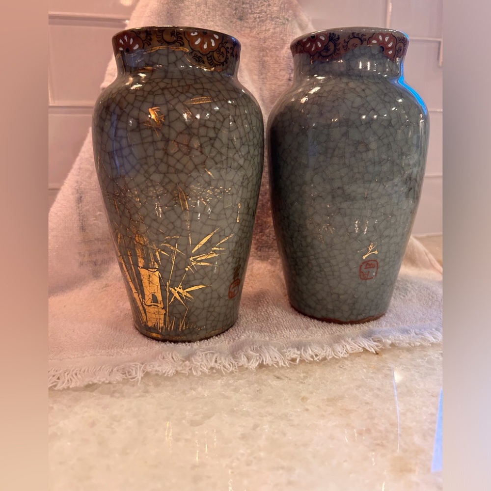 VTG Pair Asian Celadon Vases,Circa 1850,7”H,3”W,Gold detail,some aging,no cracks